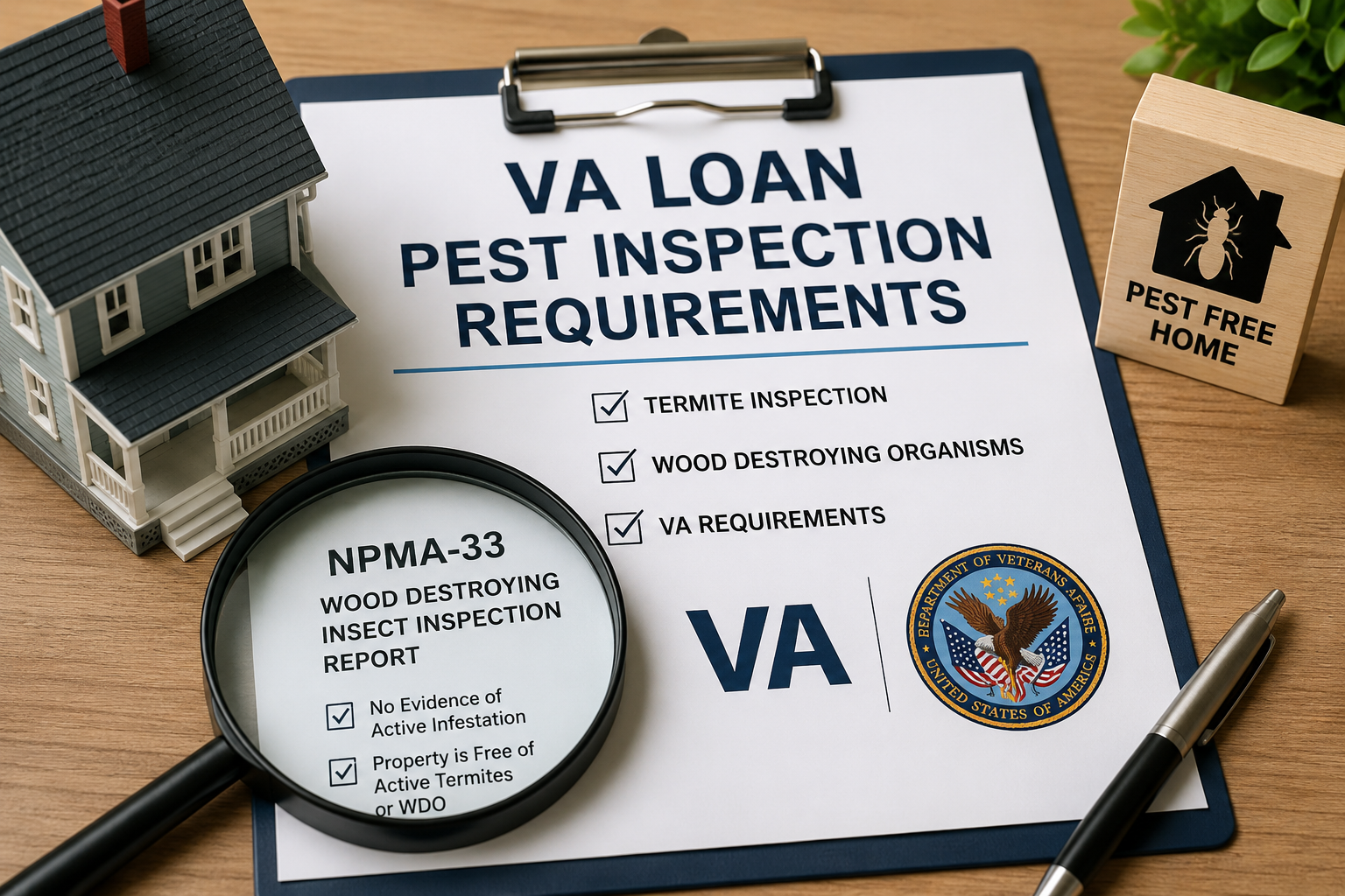 VA loan pest inspection requirements in California including NPMA-33 form and termite inspection documentation